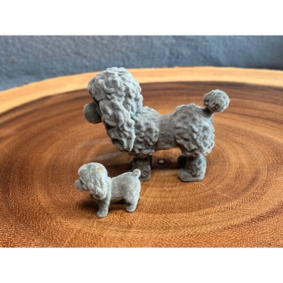 Vintage Flocked Poodle Dog Figurine Set - Gray - 2" & 1" - Picture 3 of 7